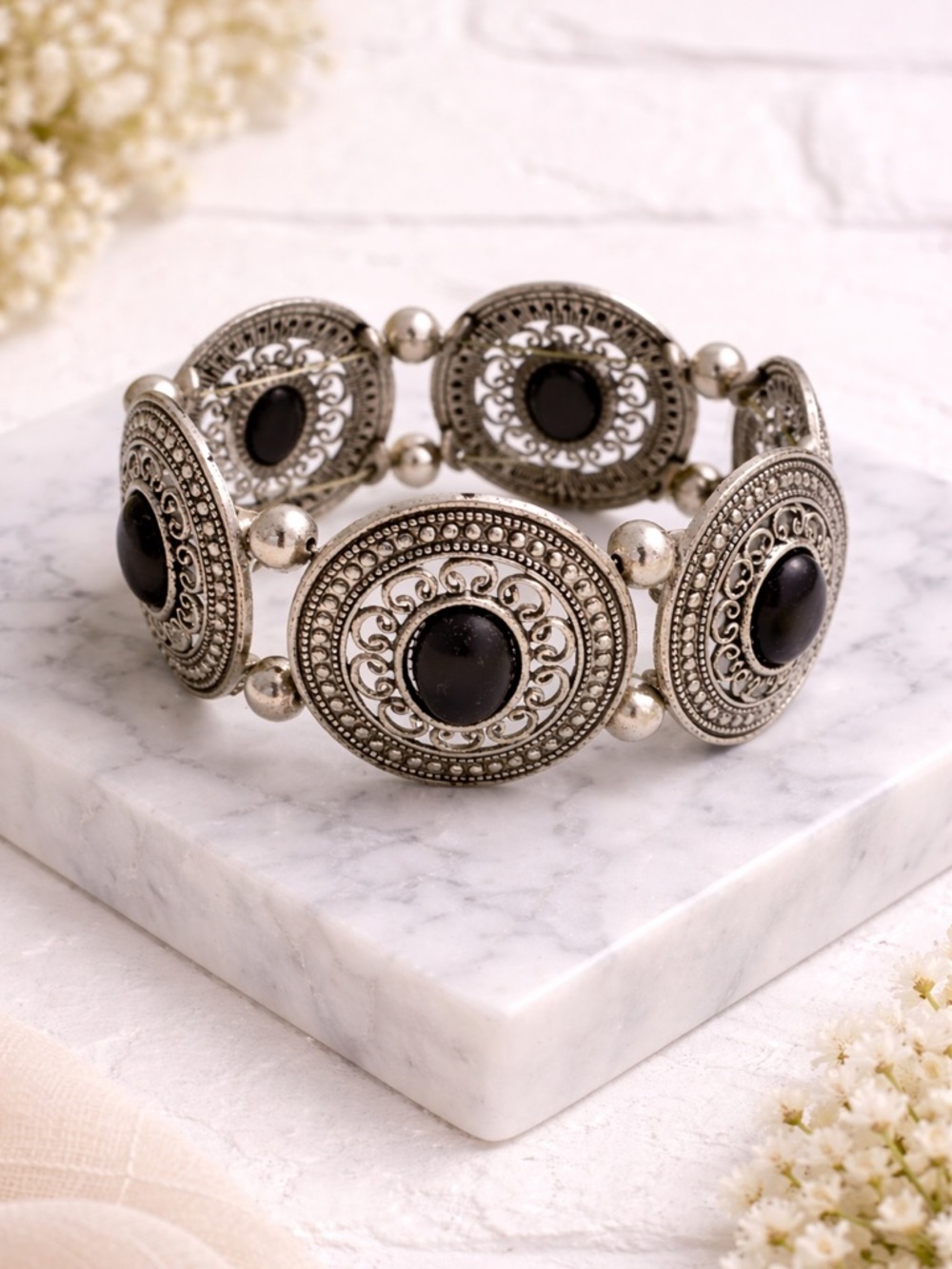 Boho Vintage-Inspired Silver Medallion Stretch Bracelet with Black Cabochons